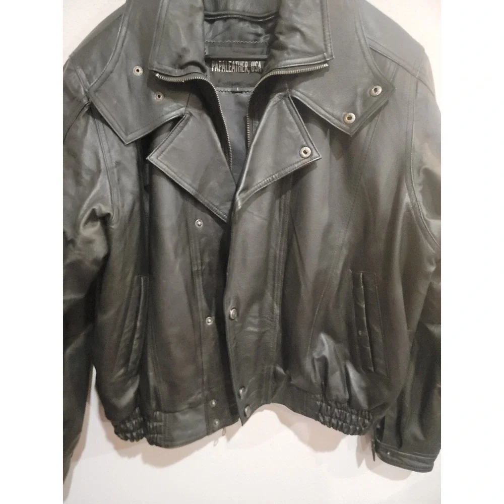 Papaleather USA black leather motorcycle flight JACKET full Zip‎ Black size L